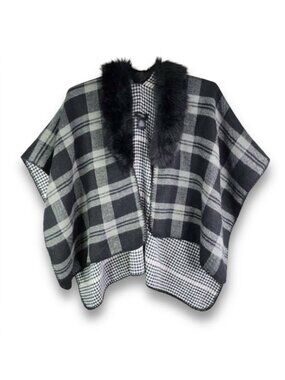 Womens Marcus Adler Faux Fur Collar Black Gray Plaid Poncho Wrap Shawl Cape OSFM